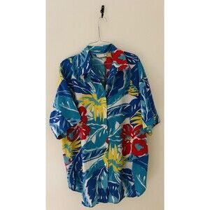 Booth Bay Vintage 80s Hibiscus Hawaiian Floral Button Up Summer Beach Shirt Sz L
